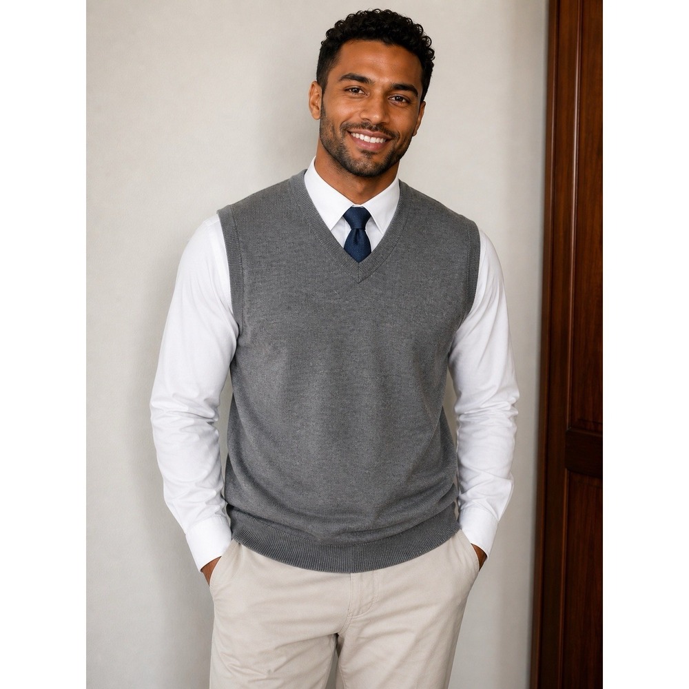 Hart Schaffner Marx Men's Merino Wool Knit Sweater Vest Gray V-Neck L